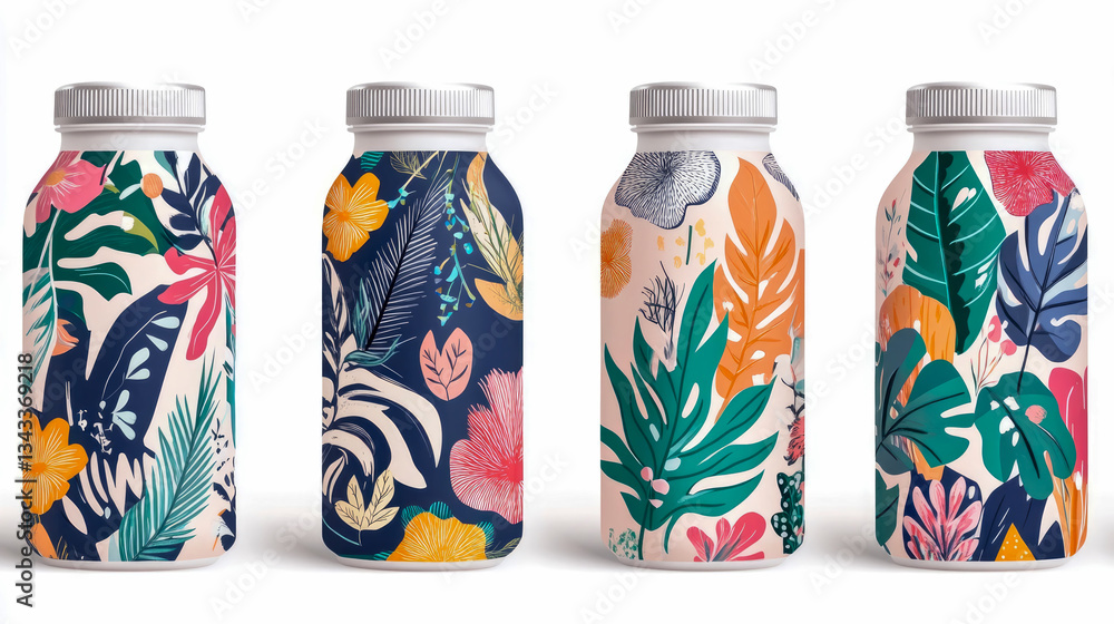 Tropical Beverage: Bottled Refreshment with Floral Pattern, Packaging for wellness drinks and fresh juices. Tropical Beverage: Bottled Refreshment with Floral Pattern, Packaging for wellness drinks and fresh juices.