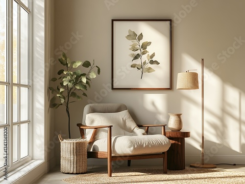 木製フレームのボタニカルアートとナチュラルインテリアのリラックス空間 | Cozy Natural Interior with Wooden Frame Botanical Art