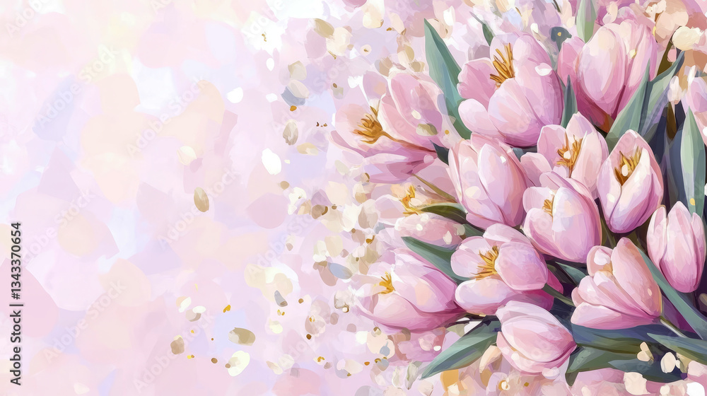 Fototapeta premium Spring Blossom: Watercolor arrangement of pastel pink tulips and soft confetti, perfect for a delicate print or greeting card.