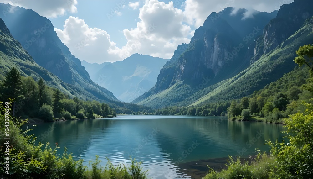 Fototapeta premium Tranquil Lake Surrounded by Verdant Greenery and Majestic Mountains in a Serene Landscape