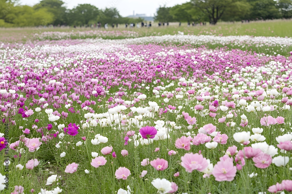 Pink and White Cosmos Flower Field Spring Bloom Pink and White Cosmos Flower Field Spring Bloom