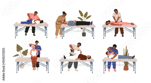 Chiropractors and patients set. Manual therapy, orthopaedic treatment, physiotherapy. Osteopath, physiotherapist, bonesetter, bone therapist. Flat vector illustration isolated on white background