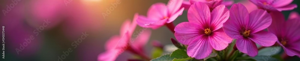 Close-up vibrant pink and purple primrose blossoms , botany, growing, nature Close-up vibrant pink and purple primrose blossoms , botany, growing, nature