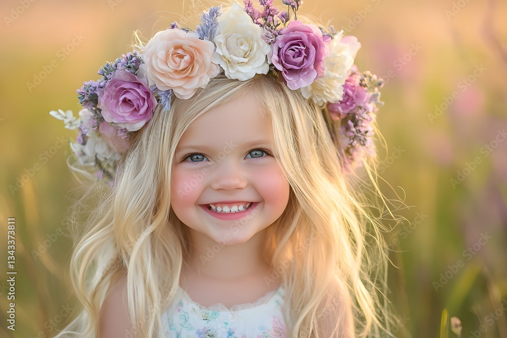 Happy Child with Flower Crown in Field Happy Child with Flower Crown in Field