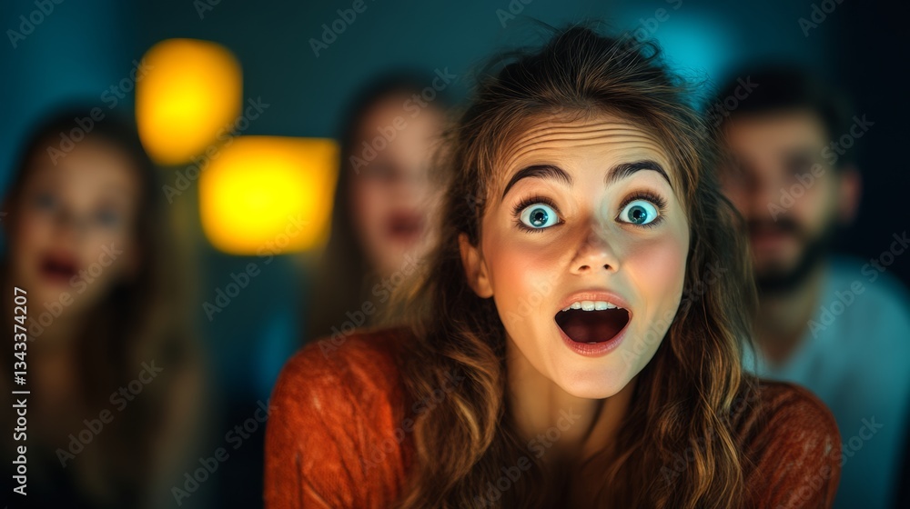 Fototapeta premium Woman with her mouth open is watching something on a screen. She is surrounded by other people who are also watching the same thing. Scene is excited and energetic
