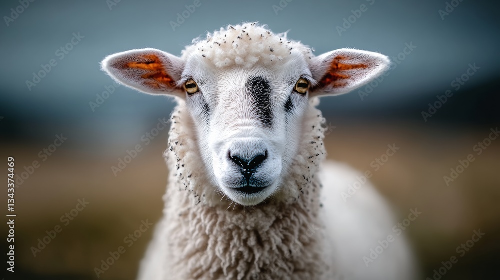 Naklejka premium Sheep with a black spot on its face is staring at the camera. The sheep's eyes are bright and it has a curious expression
