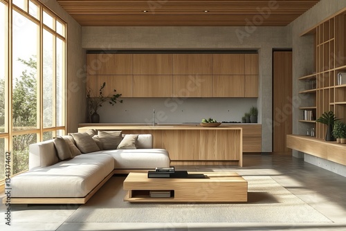 a modern minimalist interior with wooden furniture and large windows, providing a bright, airy, and inviting atmosphere