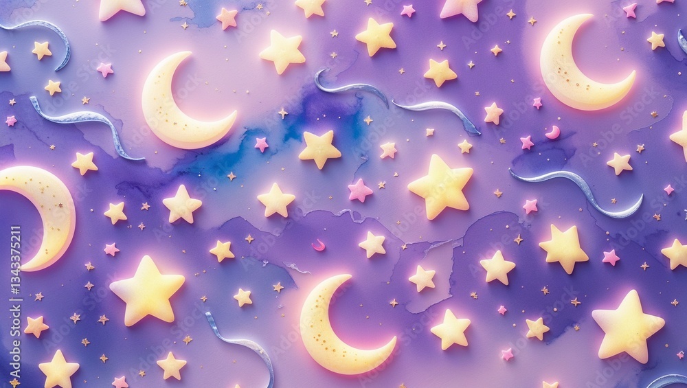 Naklejka premium Crescent moons and glowing stars on purple watercolor sky