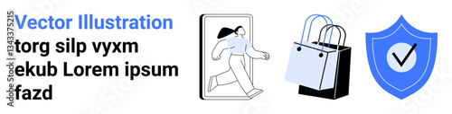 Person making an online purchase, shopping bags, and security shield symbolizing safety. Ideal for e-commerce, online shopping, cyber security, retail, payment protection, delivery services flat