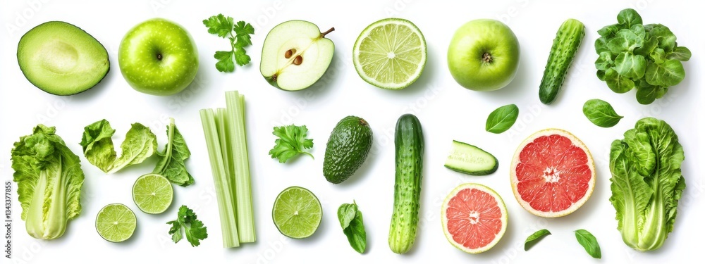 Green fruit and vegetable mix collection. Celery, apple, avocado, cucumber, bean, rucola, grape, bok choy, lime, grapefruit, kiwi, pepper isolated on white background. Creative layout. Flat lay Green fruit and vegetable mix collection. Celery, apple, avocado, cucumber, bean, rucola, grape, bok choy, lime, grapefruit, kiwi, pepper isolated on white background. Creative layout. Flat lay