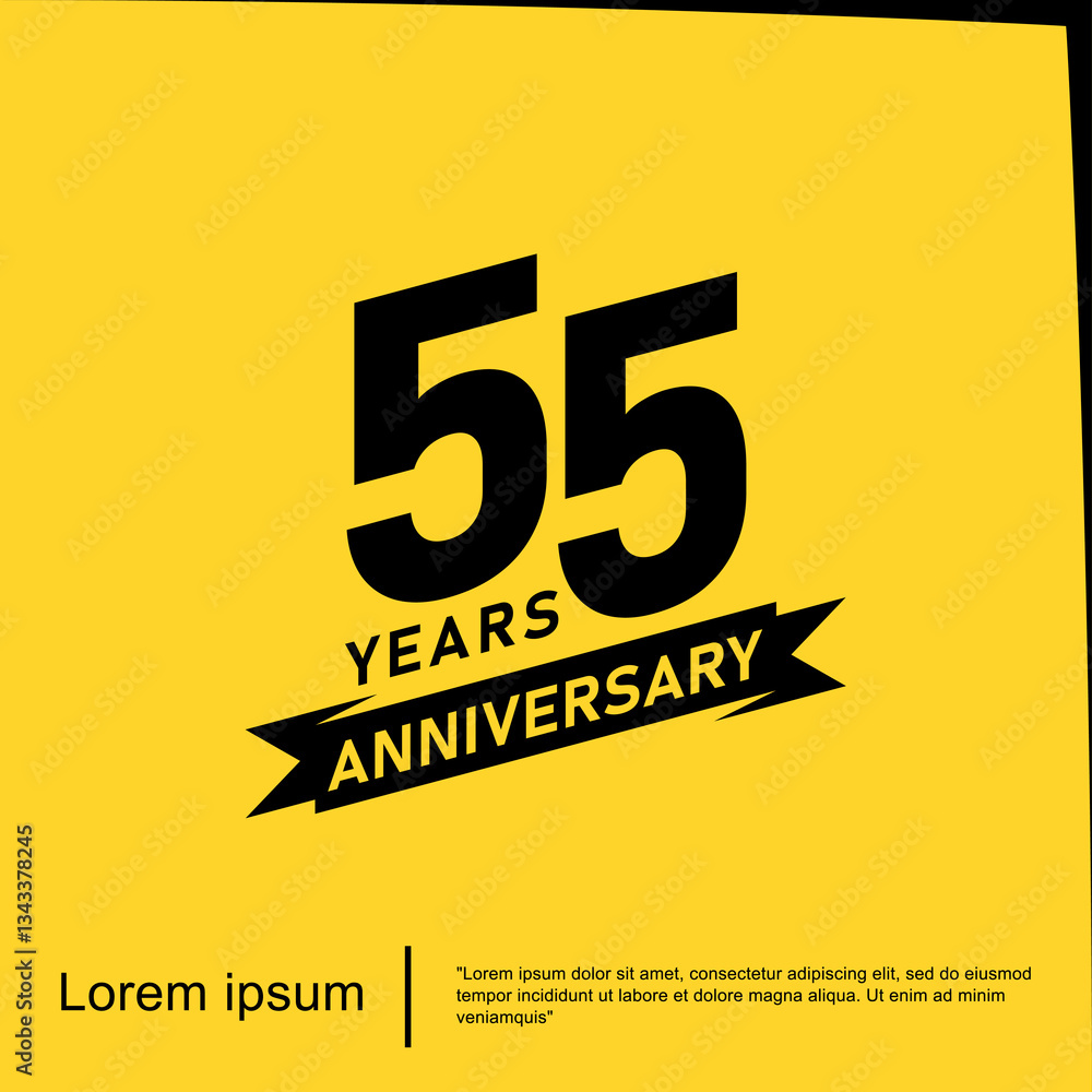 Obraz premium 55th years anniversary celebration emblem. black logo isolated with ribbon on yellow background. vector illustration template design for web, flyers, poster, greeting card and invitation card 