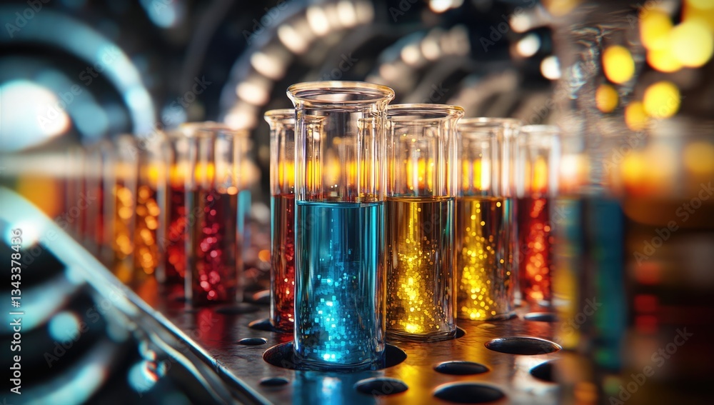 Colorful test tubes with liquids in a lab setting Colorful test tubes with liquids in a lab setting