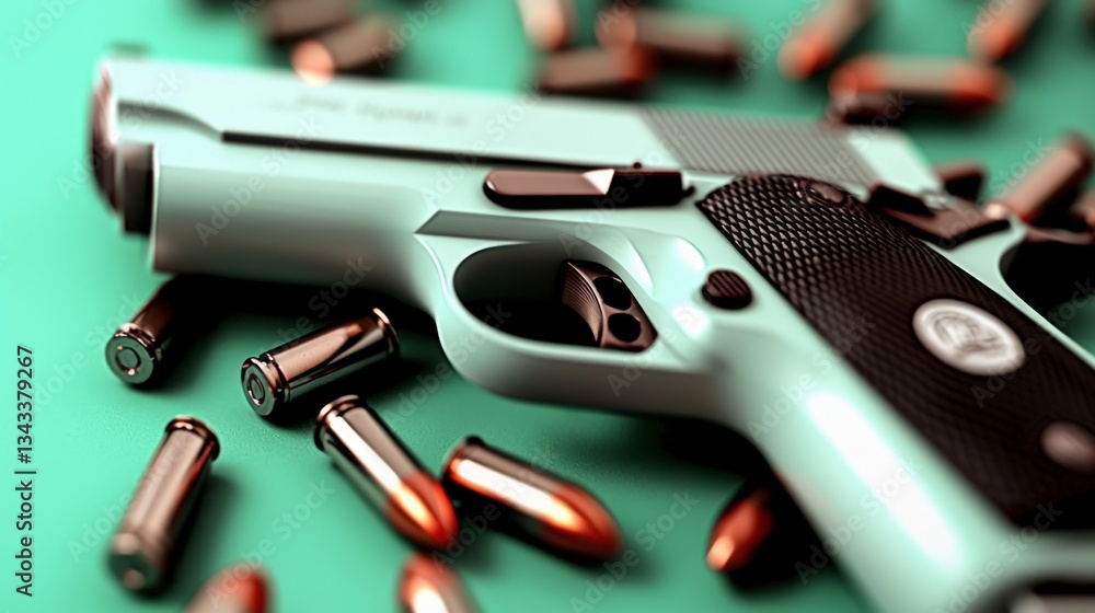Obraz premium Handgun Ammunition Gun Safety Weapon Firearms Closeup Bullets Cartridge Pistols F