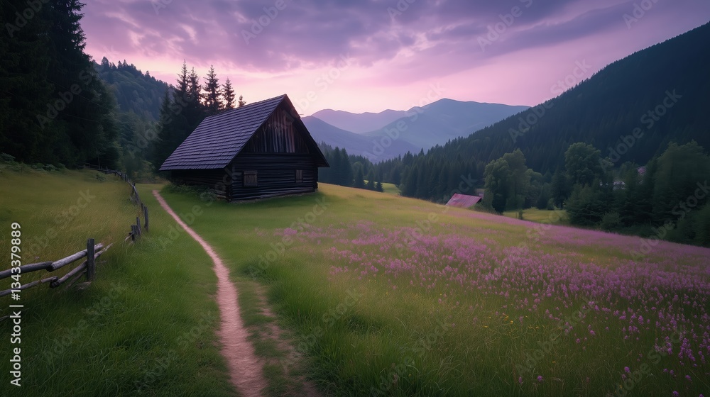 Obraz premium Scenic countryside landscape with a wooden cabin in a green valley during sunset. Rural nature and peaceful retreat