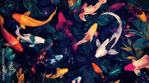 Vibrant koi fish swim among lush foliage in a dark pond.