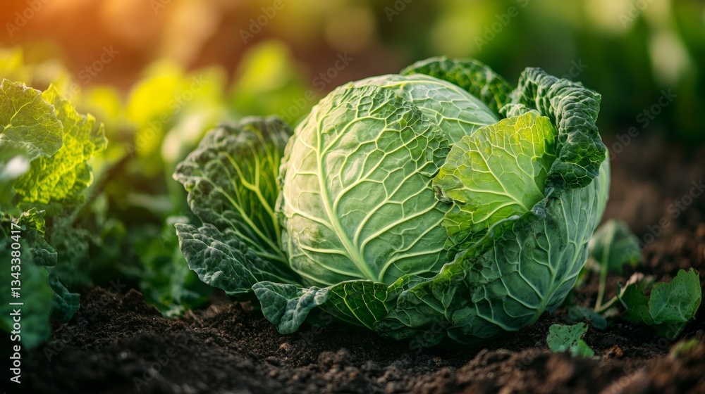 Fototapeta premium Fresh Organic Savoy Cabbage Growing in Garden Bed, Harvest Time, Agriculture Background