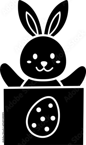 Easter rabbit character sitting in a gift box  cartoon silhouette. 
Cute character white bunny sitting with gift box silhouette flat vector illustration.
Good for greeting card,poster, craft and DIY.
