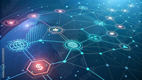 Global Business Network Abstract Background with Glowing Geometric Nodes Representing International Connectivity and Digital Expansion