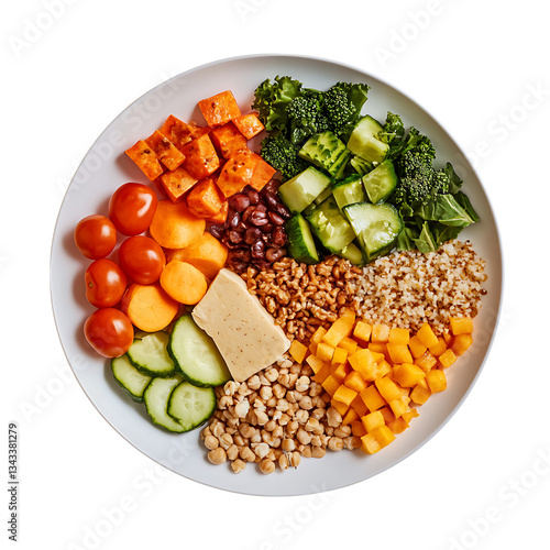 plate divided into sections with fresh vegetables, lean proteins, and whole grains, symbolizing a healthy and fulfilling diet PNG