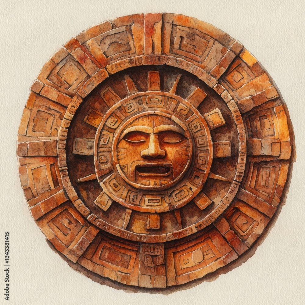 Fototapeta premium Ancient Sun Stone Artwork with Intricate Details Depicting a Face Surrounded by Geometric Patterns and Sun Rays in Warm Earthy Tones