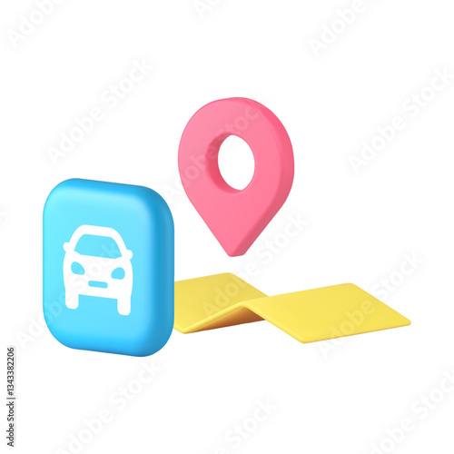 Travel by car map location navigation GPS destination 3d icon realistic vector illustration. Automobile road trip direction guide place position pointer search distance global positioning system