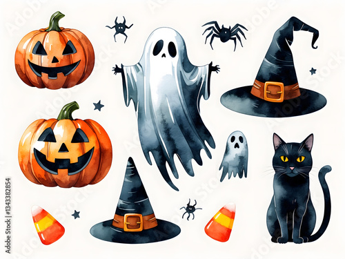 Colorful watercolor illustration featuring Halloween symbols and characters during festive season