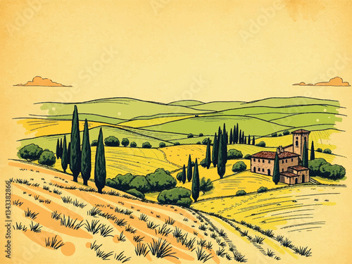Countryside scenery in Tuscany, Italy. Handmade drawing vector illustration. Vintage style. Engraved old sketch style colorful vector