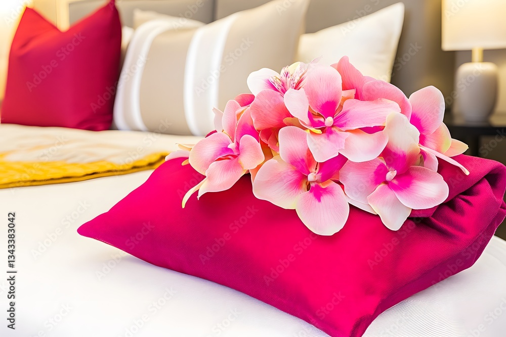 Pink Orchids on Fuchsia Pillow Luxury Hotel Bed Pink Orchids on Fuchsia Pillow Luxury Hotel Bed