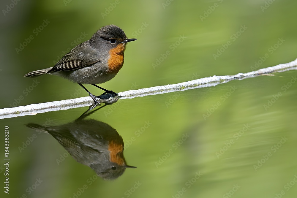Fototapeta premium Small Bird on Branch Reflection in Water Nature Photography