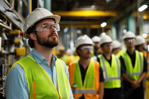A group of workers in high- drill gear and safety helmets, wearing bright yellow vest with white hard hats on their heads stand together to watch the machinery working at an industrial factory