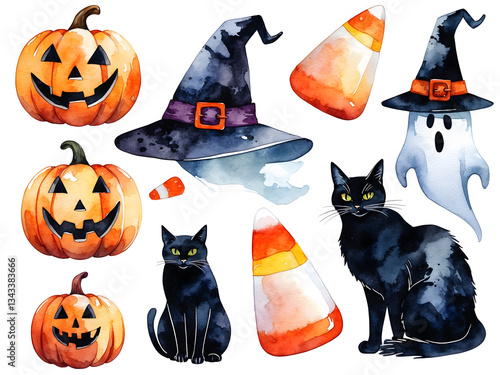 Colorful watercolor illustration featuring Halloween elements with pumpkins and a black cat