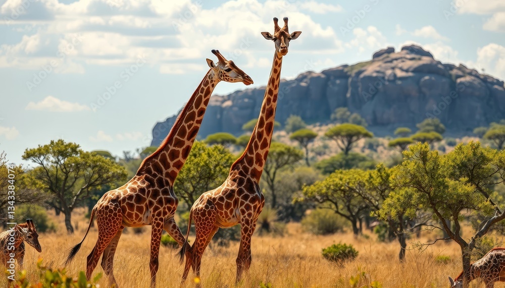 Fototapeta premium Majestic Giraffes on African Savanna, Tall Necks Reaching for Sunlight Amidst Golden Grassland and Distant Rocky Outcrop
