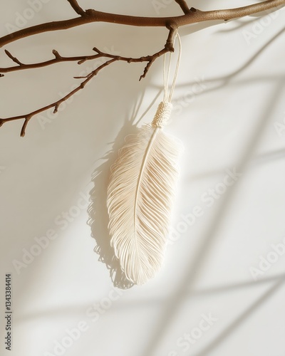 Macrame Feather Wall Hanging with Branch on White Wall with Shadows