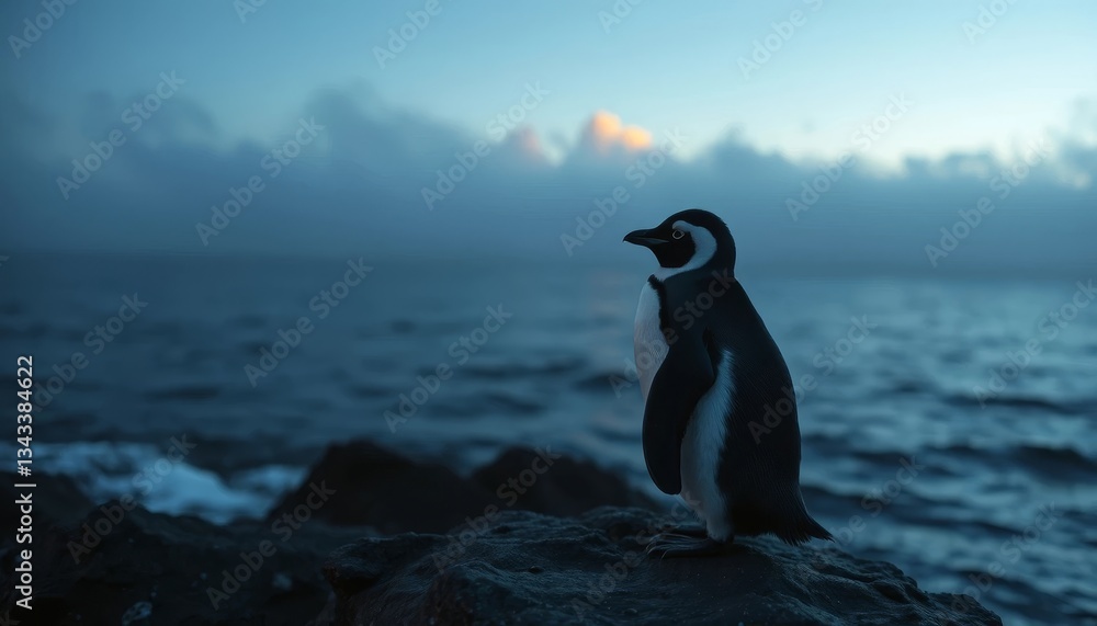 Obraz premium Solitary Penguin at Dusk on Rocky Coastline, Gazing at the Ocean's Vastness