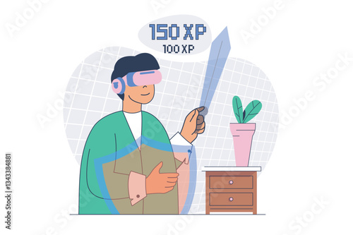 Virtual reality concept with cartoon people in flat design for web. Man in VR headset playing in video game with sword and shield simulation, enjoying cyber gaming competition. Vector illustration.