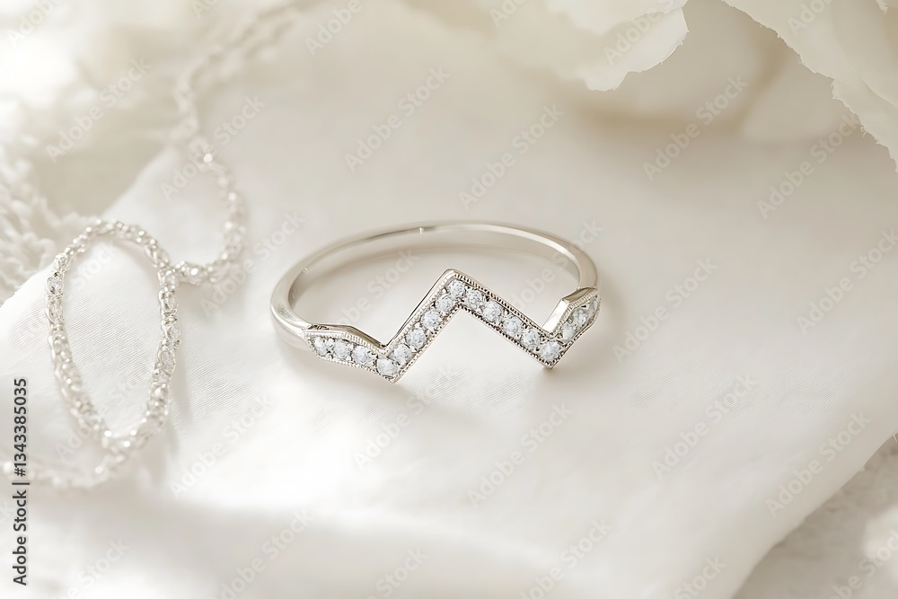 A clean composition of a chevron diamond ring paired with a chevron necklace, elegantly placed on white parchment paper. A clean composition of a chevron diamond ring paired with a chevron necklace, elegantly placed on white parchment paper.