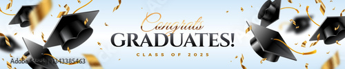 Banner with graduation caps or toga hats tossed up and golden foil confetti. Graduation party at the school, college or university. Congrats graduates. Horizontal vector illustration.