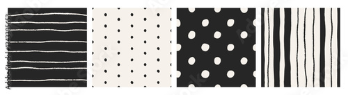 Seamless patterns set with thin line stripes, tiny polka dots. Abstract endle...