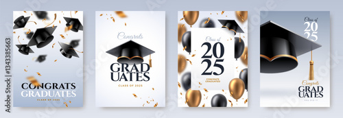Set of greeting card or poster with graduation caps, confetti and balloons. Graduation party at the school, college or university. Congrats graduates. Vector illustration.