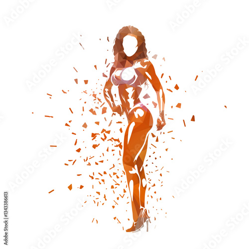 Bodybuilding, woman illustration with distortion effect, isolated vector low poly illustration of posing female fitness athlete, body building clip art