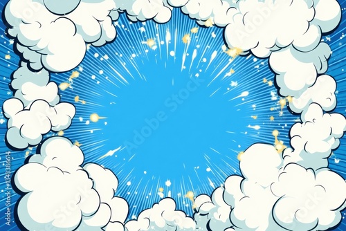 Retro comic book blue sky background with clouds and speed lines