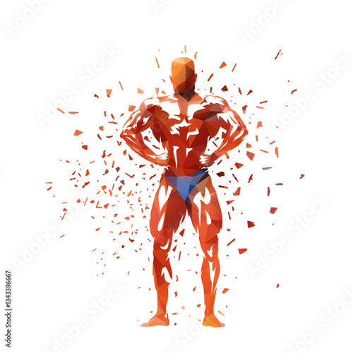 Bodybuilding, posing bodybuilder, isolated low poly vector illustration with dispersion effect. Sports clip art
