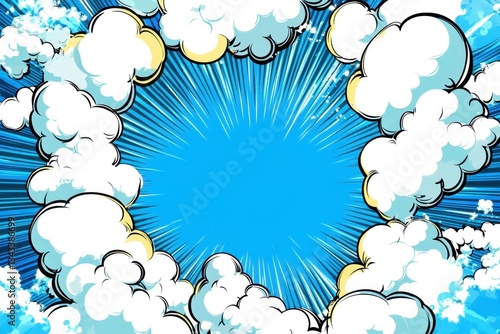 Retro comic book sky background with clouds and speed lines