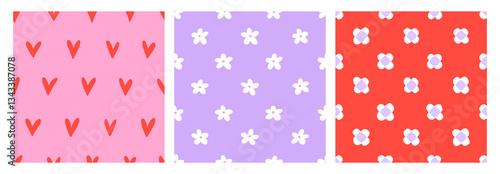 Seamless cute patterns with tiny hearts and spring flowers. Repeating print d...