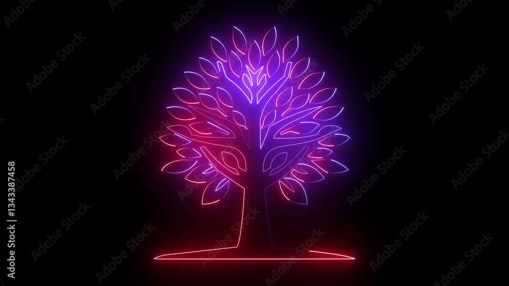 Neon Glowing Outline Tree Animation, Tree symbol, tree icon on Black ...