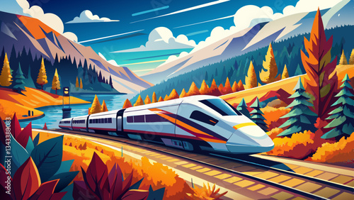 A sleek modern train travels through a picturesque mountain landscape with lush forests and vibrant autumn colors.