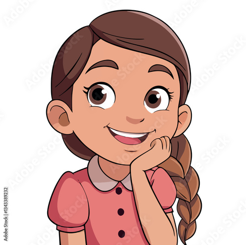 Vsai dreaming girl holding chin and smiling, showing happiness and hope