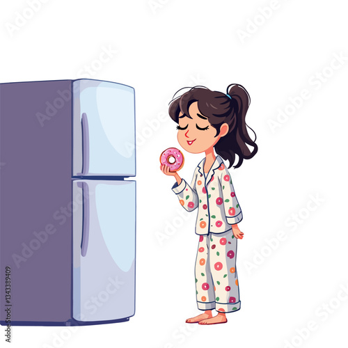 Vsai woman wearing pajamas enjoying a donut near refrigerator