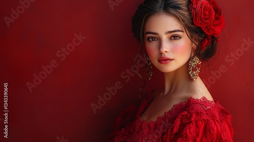 Stunning spanish woman with red roses in her hair, dressed in a red traditional flamenco costume