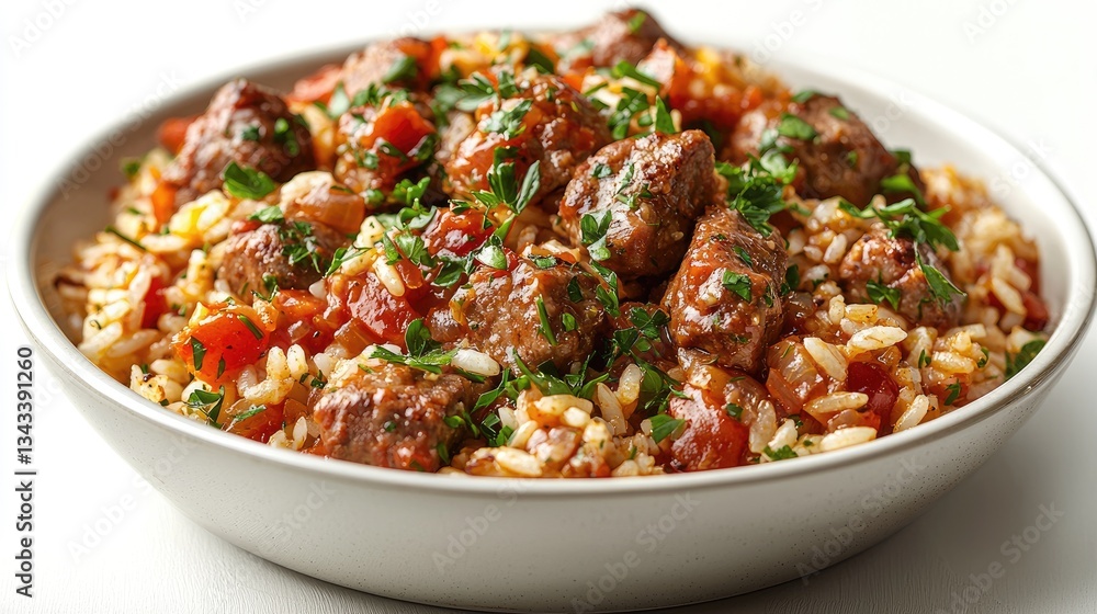 Delicious meatballs served on a bed of rice with fresh herbs and vegetables Delicious meatballs served on a bed of rice with fresh herbs and vegetables